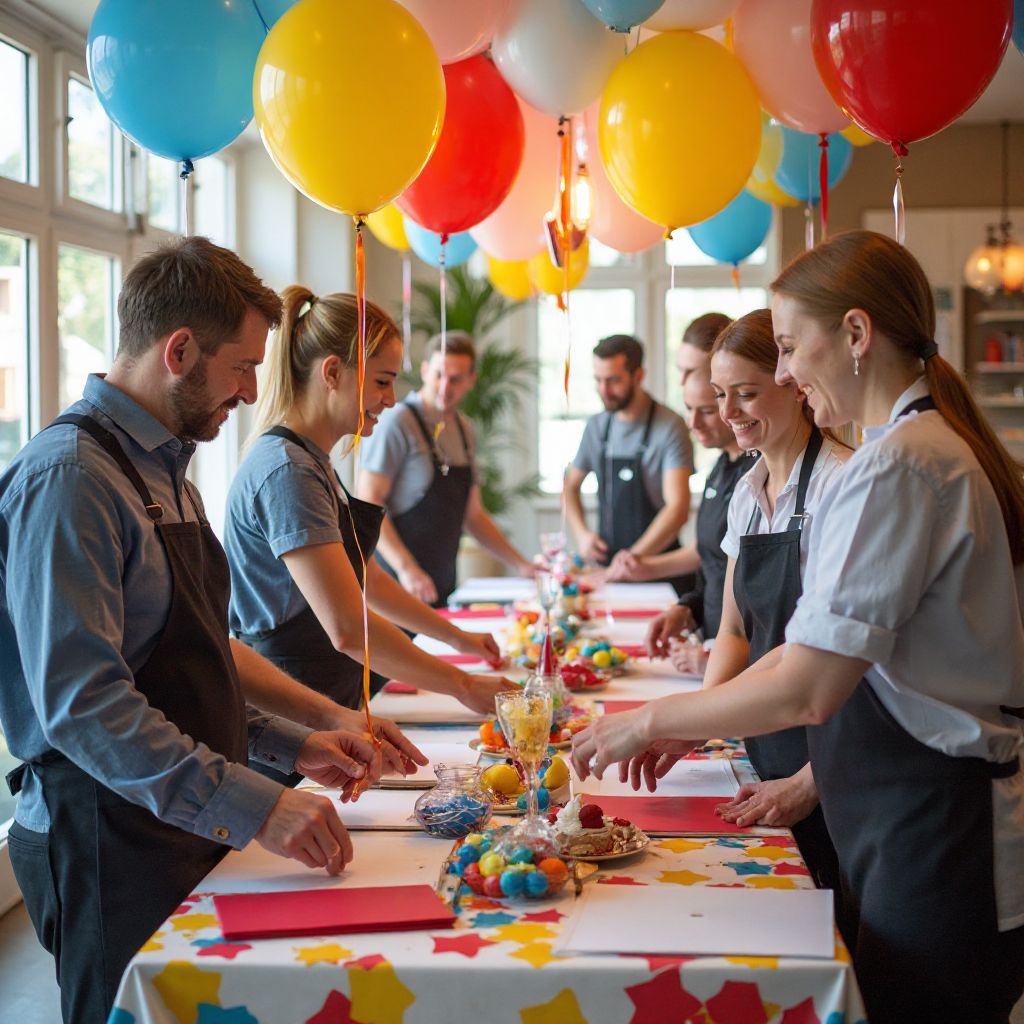 Team setting up party decorations